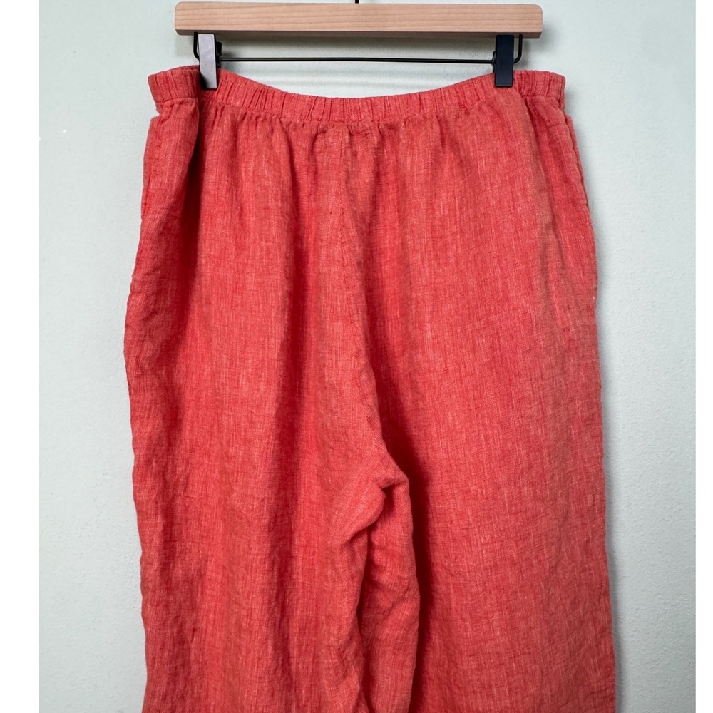 FLAX 100% Linen Wide Leg Pants Coral Orange Elastic Waist Pockets Size L - Picture 7 of 11